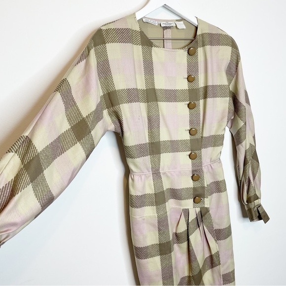 Valentino Boutique Dress Vintage Plaid Button Long Sleeve Tan Pink Made in Italy - Picture 1 of 12
